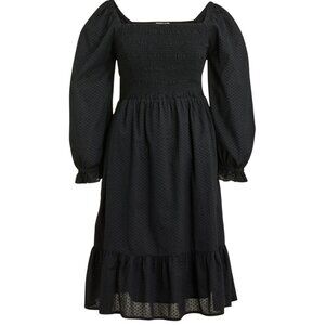 J. Crew Smocked Clip-Dot Puff-Sleeve Mini Dress Womens XS Black Boho Preppy NWOT